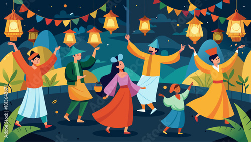 A group of people are dancing in the night. Scene is lively and festive