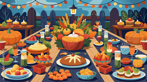 A table full of food with a pumpkin centerpiece. The table is set for a Thanksgiving dinner. There are many different types of food, including pies, cakes, and drinks