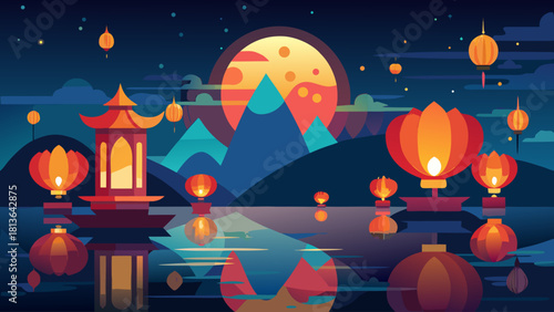 A beautiful landscape with a large moon in the sky and a lot of lights. The lights are floating in the water and the mountains are in the background