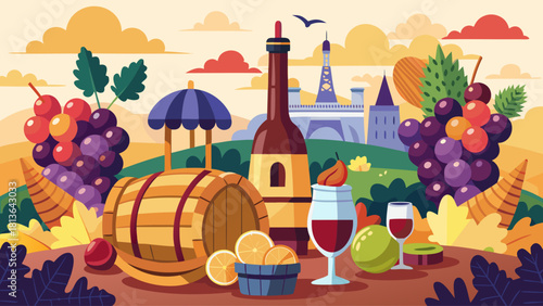 A painting of a vineyard with a bottle of wine, a glass of wine, and a fruit basket