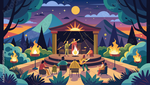 A group of people are gathered around a fire in a forest setting. The atmosphere is warm and inviting, with people sitting in chairs and enjoying the company of each other