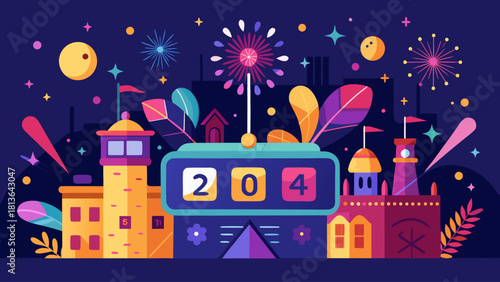 A colorful cityscape with a clock that reads 24. The city is lit up with fireworks and the sky is filled with stars