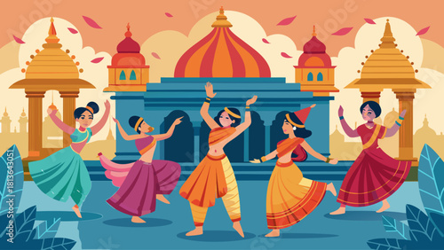 A group of women are dancing in a colorful Indian style. The women are wearing colorful outfits and are dancing in front of a building. Scene is lively and joyful