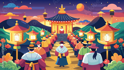 A group of people are walking down a path in front of a building. The scene is set in a foreign country and the people are dressed in traditional clothing