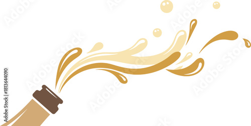 Champagne bottle with a vibrant golden liquid spray. Vector, illustration