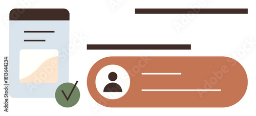 User profile card with avatar and text fields, next to a document or ID layout with a green checkmark. Ideal for identity, account management, authentication, digital forms, verification