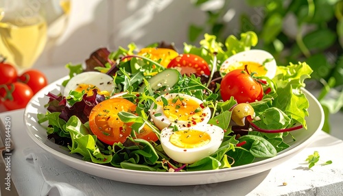 A vibrant salad with greens, tomatoes, boiled eggs, and cucumber on a white plate, bathed in sunlight