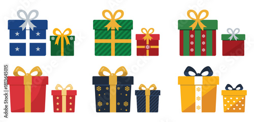 Collection of vibrant holiday and Christmas gift boxes with colorful ribbons and festive patterns. perfect for celebrations Vector, illustration