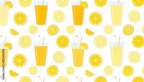A vibrant seamless pattern with refreshing glasses of orange juice and sliced oranges on a crisp white background