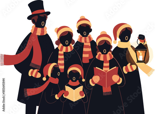 A group of people dressed in winter clothes, singing carols from songbooks, with one holding a lantern, depicting a festive holiday scene.