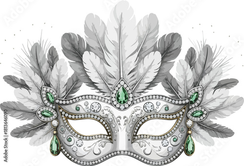 Ornate Venetian mask with feathers and jewels, silver and green.
