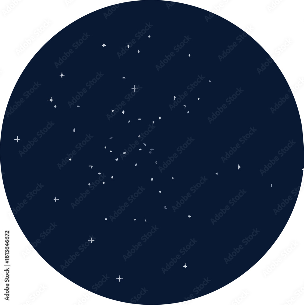 Fototapeta premium Minimalist graphic illustration of a star cluster in the dark night sky, viewed through a circular frame.