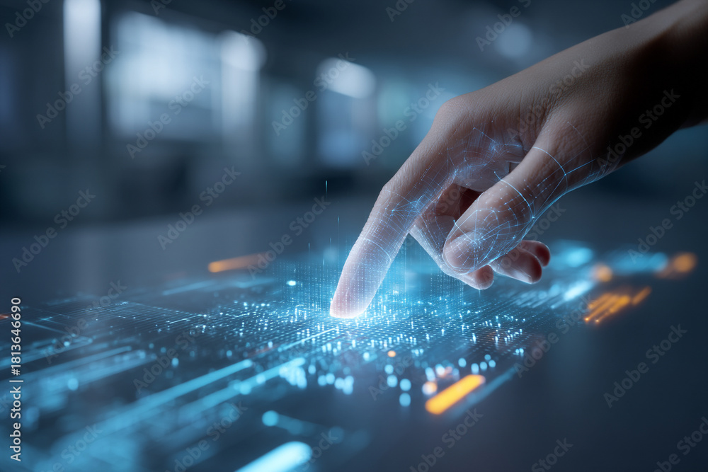 Fototapeta premium A human hand touching a holographic interface displaying complex data patterns in a sleek, futuristic workspace, symbolizing interaction.