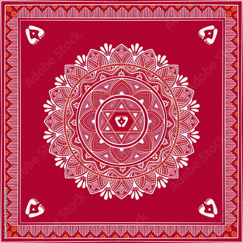 Aipan art showcases the traditional Uttarakhand craft through intricate white paste patterns against a red background. Digital Floral mandala patterns.