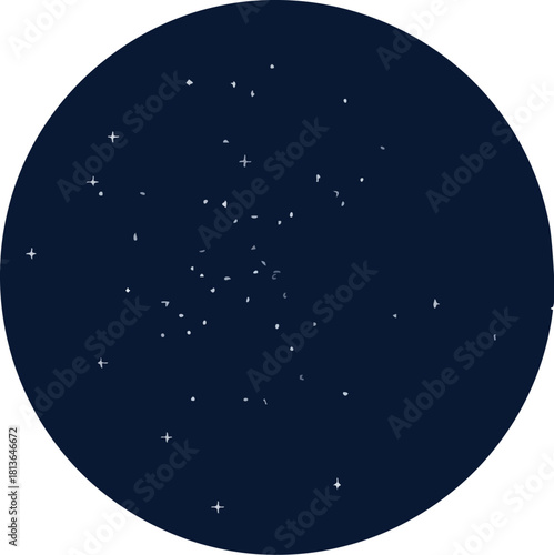 Minimalist graphic illustration of a star cluster in the dark night sky, viewed through a circular frame.