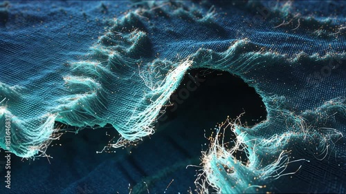 Frayed edges of textured fabric unveil a dark void, highlighting vibrant colors and intricate details, while the camera smoothly zooms in to enhance visual depth