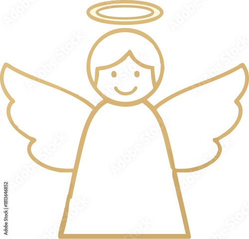A simple gold line drawing of a smiling angel with a halo and wings on a white background.