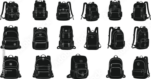 Backpack silhouette icons, travel, school, hiking, fashion bags, strap styles, pocket designs, flat vector, cad drawing flat vector illustration