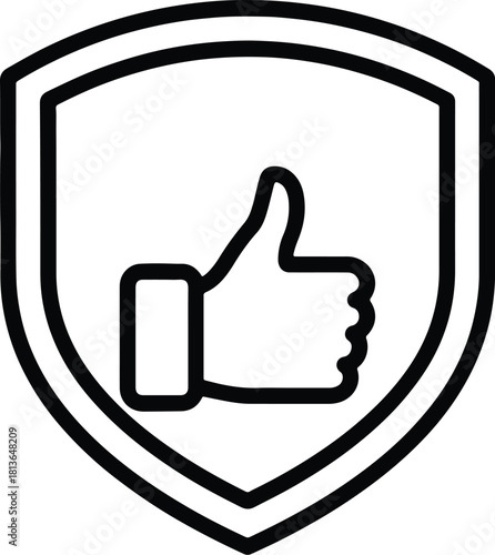 Black outline shield with thumbs up icon isolated on a white background. Like approval line art icon design