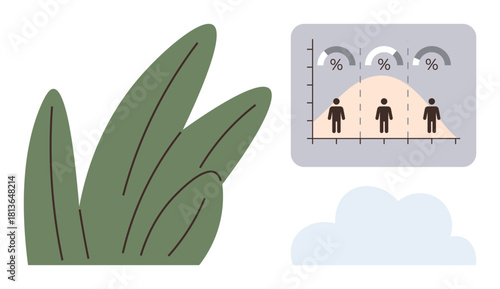 Statistical chart analyzing demographics next to green leaves and a cloud. Ideal for analytics, environment, education, sustainability, statistics, nature integration, data science concepts. A simple