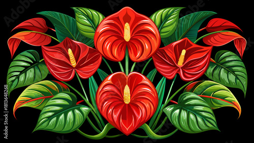 Very beautiful flat-lay arrangement of bright red anthurium spathes displayed symmetrically with glossy studio lighting, showing smooth botanical texture and tropical shine on a deep black background.
