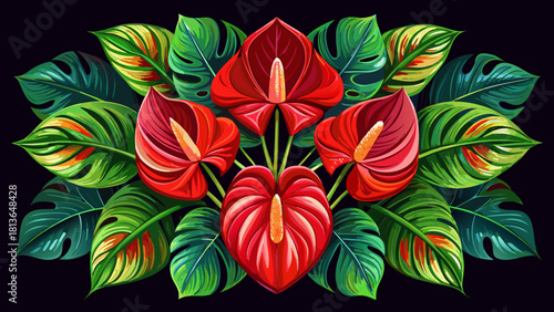 Very beautiful flat-lay arrangement of bright red anthurium spathes displayed symmetrically with glossy studio lighting, showing smooth botanical texture and tropical shine on a deep black background.