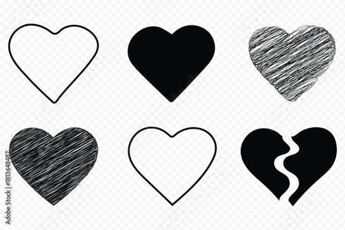 Doodle hearts sketch set. Various different hand drawn heart icon. love collection Red heart symbol for Valentines Day. Set of hand drawn love heart valentines doodle sketch vectors Grunge Hearts 