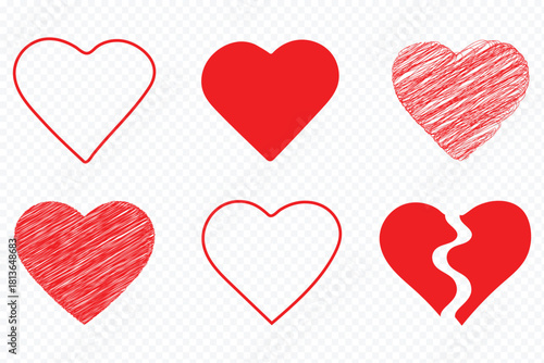 Doodle hearts sketch set. Various different hand drawn heart icon. love collection Red heart symbol for Valentines Day. Set of hand drawn love heart valentines doodle sketch vectors Grunge Hearts 