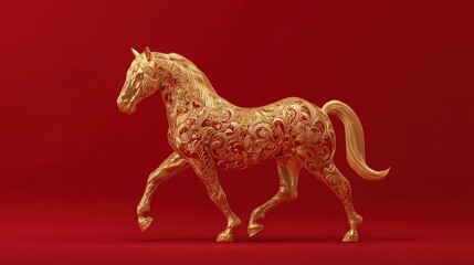 golden ornamental horse on red background with happy new year 2026 text chinese zodiac animal for lunar new year oriental celebration