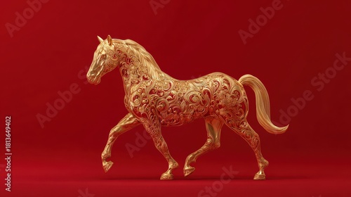 golden ornamental horse on red background with happy new year 2026 text chinese zodiac animal for lunar new year oriental celebration