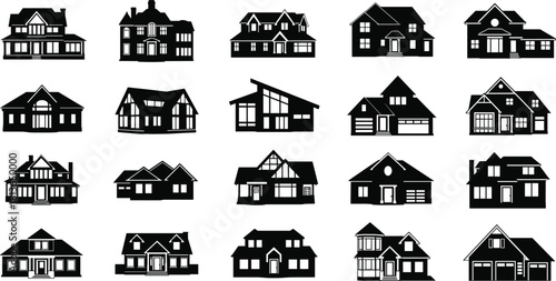 House silhouette icons, residential architecture, modern, traditional, roof styles, home design, flat vector, cad drawing flat vector illustration