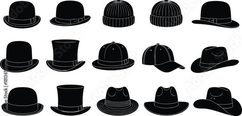 Hat silhouette icons, bowler, top, fedora, cowboy, baseball, knit styles, fashion headwear, flat vector, cad drawing flat vector illustration