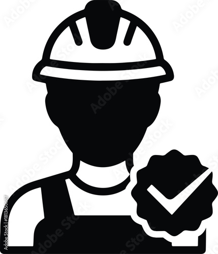 Black silhouette of construction worker with hard hat and checkmark badge safety isolated on a white background.