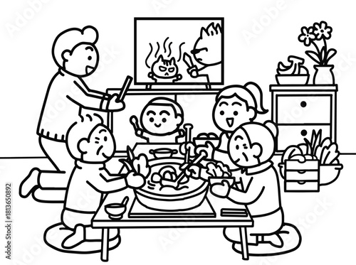 A family is eating sukiyaki together.