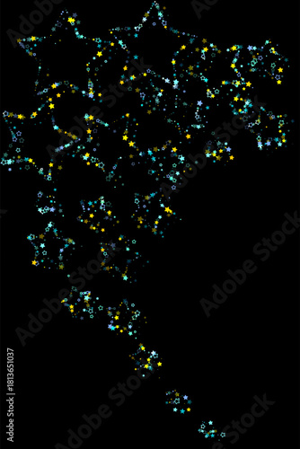 Cyan, Gold, Blue Stars Confetti. Shimmering Shiny particles. Scattered little sparkling, glitter light points.