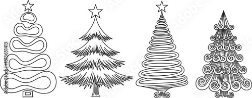 Hand drawn christmas trees in a row for coloring or design