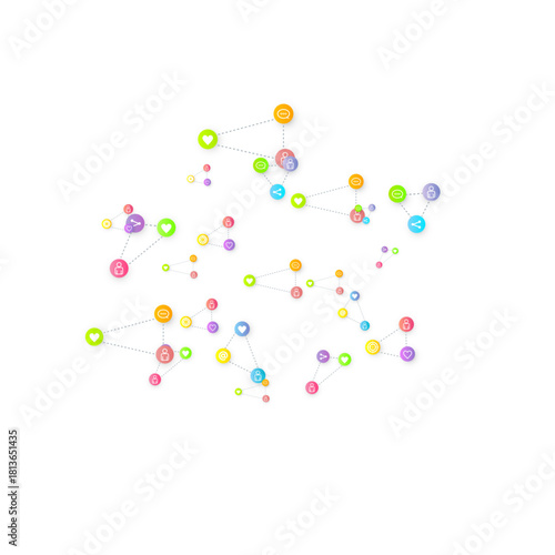 Social media marketing, Communication networking concept. Random icons social media services tags linked on white background.