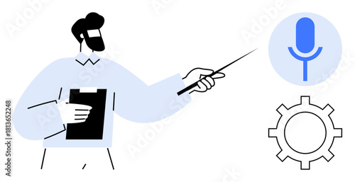 Male figure holding clipboard and using pointer near microphone and gear icons. Ideal for technology, audio recording, presentation, teaching, software settings, voice recognition, flat design