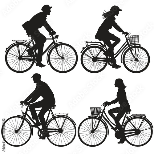 Silhouettes of men and women riding vintage bicycle