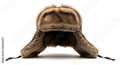 Brown faux fur trapper hat with ear flaps and black ties fur hat winter hat