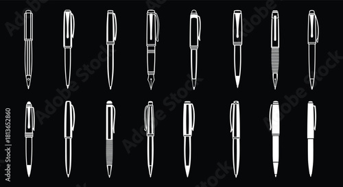 Pen silhouette icons, ballpoint, fountain, gel styles, writing tools, stationery design, flat vector, cad drawing flat vector illustration