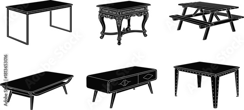Table silhouette icons, furniture styles, coffee, dining, desk, antique, modern, flat vector, isolated, cad drawing flat vector illustration