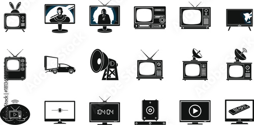 Television silhouette icons, vintage, modern, broadcast, satellite, media devices, remote control, flat vector, cad drawing flat vector illustration