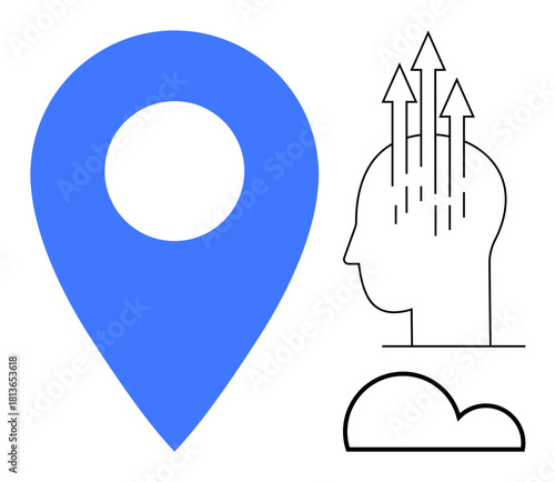 Location pin concept. Location pin symbol paired with human innovation and cloud storage, highlighting creativity, technology, and data connection. Ideal for apps, tech, innovation, navigation