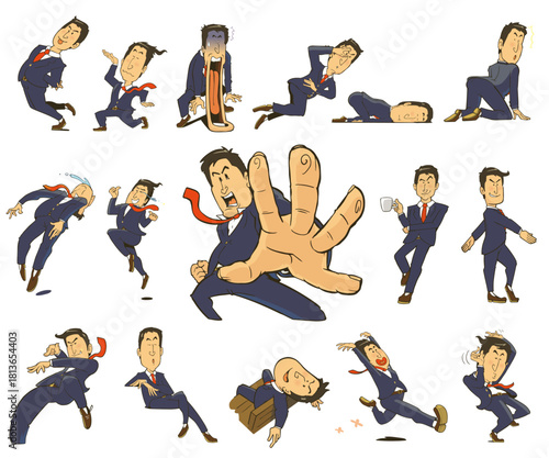 表情豊かなサラリーマンのイラストセット。驚き、喜び、スキップなど。白背景にベクターイラスト。