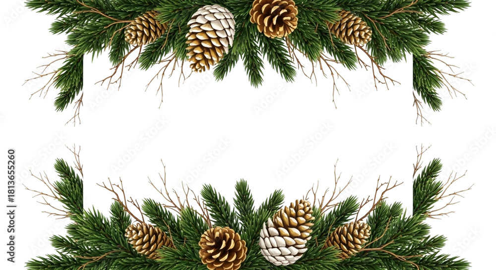 Fototapeta premium Two festive horizontal borders made of realistic green fir tree branches decorated with natural pine cones and dry twig element, isolated on transparent background for holiday design