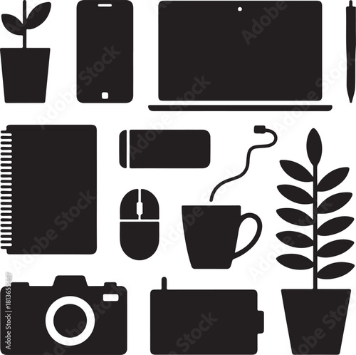 Clean Silhouette Vector Set Laptop Phone Pen Mouse Notebook Cup Camera Power Bank Plant