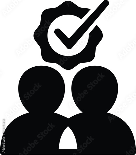 Two black silhouette people icons with a black checkmark badge above group team isolated on a white background.