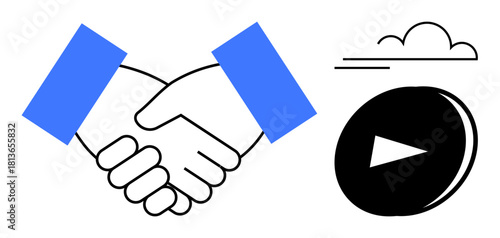 Handshake representing partnership, play button indicating media or start, cloud symbol for networking. Ideal for business, teamwork, technology, communication, media, collaboration and innovation