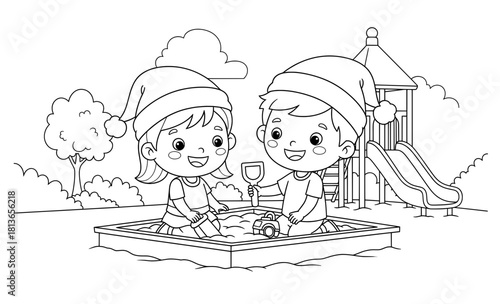 Two children wearing festive hats are happily playing in a sandbox with toys, surrounded by trees and a playground, capturing joyful moments of childhood fun and creativity